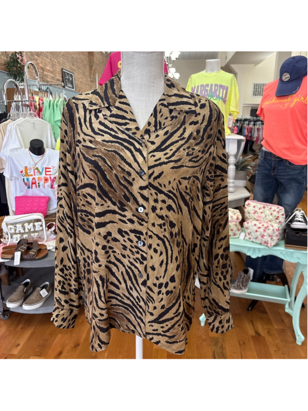 CITY SILK Petite Brown Black Animal Print Blouse P/S